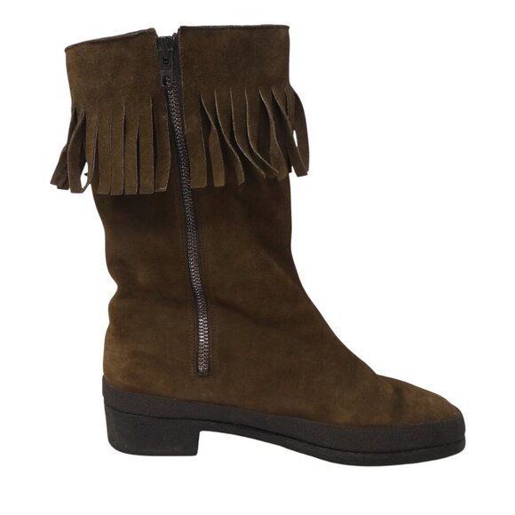 Vintage Val Brown Suede Fringe Sherpa Lined Boho Mid Calf Boots Womens 40 US 9 - Picture 4 of 13